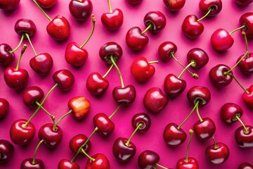 Wall Mural - Sweet Juicy Cherries Flat Lay Pink Background - Vibrant Summer Fruit Photography