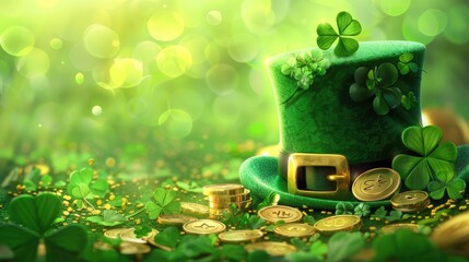 shiny green hat, gold coins and clover leaves. st. patrick's day concept. illustration