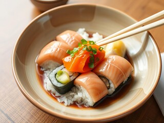 Wall Mural - Fresh and delicious sushi platter served with soy sauce, pickled ginger, and wasabi on a wooden table, fresh, meal