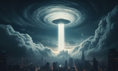 Wall Mural - Mysterious UFO hovering over cityscape