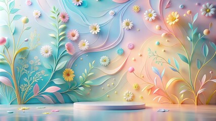 Poster - Pastel Floral Paradise A Dreamlike Display with a Circular Pedestal for Product Showcase