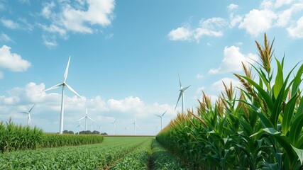 Wall Mural - Field of ripening corn with a row of wind turbines in the background, agriculture, ripening