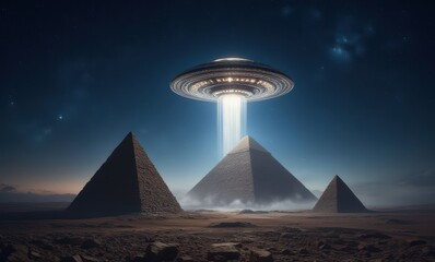 Poster - Futuristic UFO over ancient pyramids