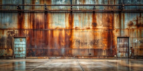 Wall Mural - Rusty Metal Wall with Doors and Overhead Pipes in an Industrial Setting