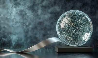Glass sphere with glitter on dark background.