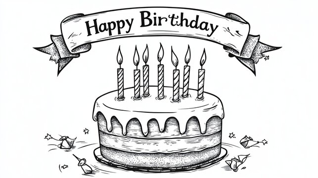 Fancy sweet birthday cake decorated with burnings candles, black and white outline vector cartoon illustration for a coloring book page