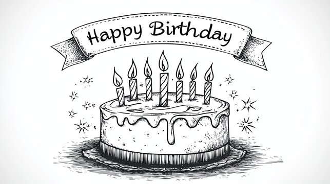 Fancy sweet birthday cake decorated with burnings candles, black and white outline vector cartoon illustration for a coloring book page
