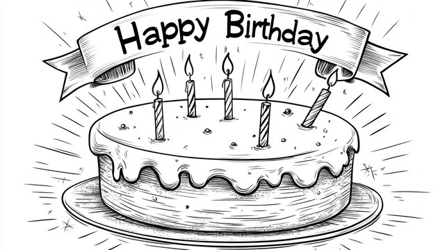 Fancy sweet birthday cake decorated with burnings candles, black and white outline vector cartoon illustration for a coloring book page