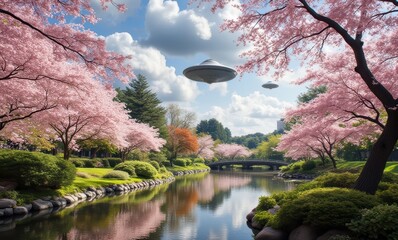 Canvas Print - Pink Cherry Blossoms with UFOs Above