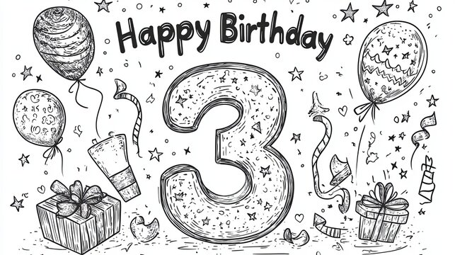 Celebrating of 3 years birthday vector, 3 years birthday for coloring book