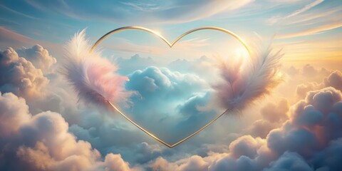 Wall Mural - Golden Heart Frame Adorned with Soft Feathers Soaring Through a Dreamlike Cloudy Sky at Sunset