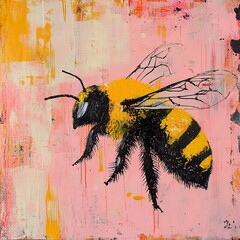 Wall Mural - Abstract Bee Painting: Pink and Yellow Bumble Bee