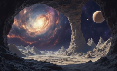 Wall Mural - Breathtaking cosmic landscape from a cave