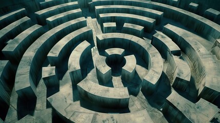 Poster - Aerial view of complex concrete maze with circular pathways and walls, creating intriguing geometric pattern. structure invites exploration and curiosity