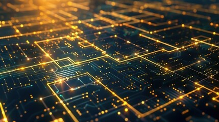 Poster - Digital circuit board with glowing lines and nodes, representing technology and innovation. intricate patterns create sense of depth and complexity in futuristic setting
