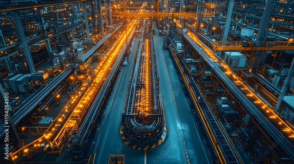 Overhead view of a factory floor with AI dashboards tracking ...