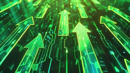 Poster - Dynamic green arrows representing growth and progress in digital landscape, showcasing technology and innovation