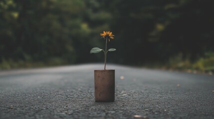 Wall Mural - Small sunflower in a pot on a road.