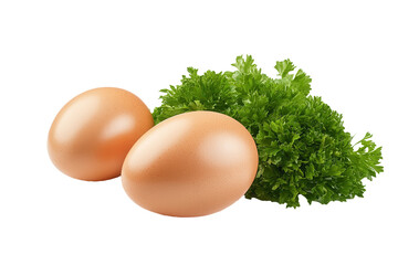 Two eggs parsley garnish white background food recipe