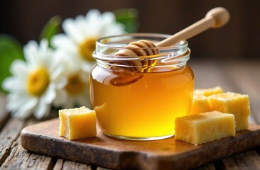 Close-up. Natural organic honey in a glass jar, a spoon for honey and honeycomb. Natural food base. There are blurred daisy flowers in the background.