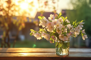 Wall Mural - Wooden table with blurry flower background for product display wooden table on nature outdoors in sunlight in garden 