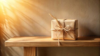 Poster - A small gift wrapped in rustic brown paper with twine sits on a wooden shelf in sunlight