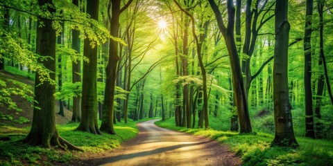 Poster - Sunlit Path Winding Through Lush Green Forest Canopy