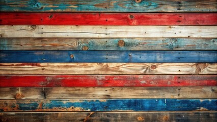 Poster - Rustic Wooden Planks in Red, White, and Blue Stripes, Ideal for Backgrounds and Design Projects