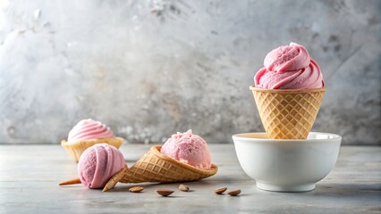 Poster - Delightful Pink Ice Cream Cones and Scoops on a Grey Surface