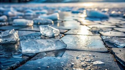 Poster - Frozen fragments on a cold, stone surface, glistening in the winter sunlight