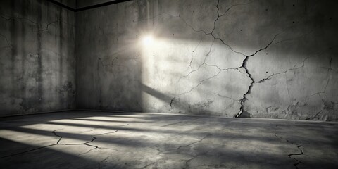 Poster - Sunlit Cracked Concrete Room Corner with Shadowed Floor