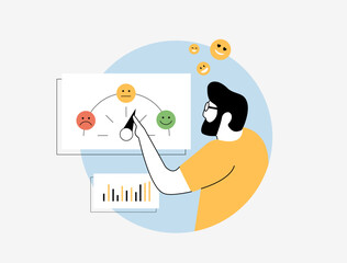 Poster - Sentiment analysis concept with social media feedback, customer reviews and brand insights. Positive, neutral and negative emotions shown in graphs for marketing, customer experience and data analysis