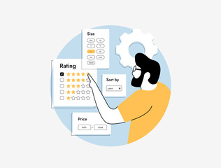 Poster - online shopping concept with user filtering products by rating, price and size. e-commerce browsing,