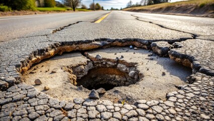 Poster - Severe Road Deterioration A Large Pothole and Extensive Cracking on a Rural Asphalt Road