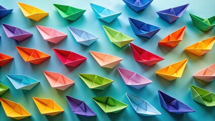Poster - A vibrant collection of colorful origami paper boats arranged in a playful pattern on a serene blue background.