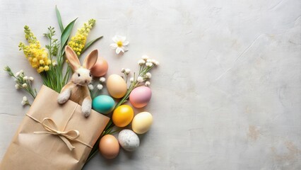 Poster - A Festive Springtime Arrangement Featuring a Plush Bunny in a Gift Bag with Colorful Easter Eggs and Delicate Blooms