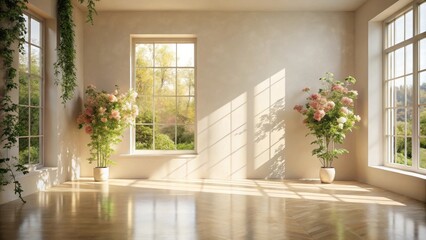 Poster - Sunlit Room with Flowering Plants and Hardwood Floors