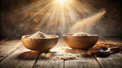 Poster - Wooden bowls filled with fine grain flour, illuminated by dramatic light, with a scoop and wheat stalks nearby.