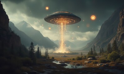 Poster - Mysterious UFO hovers over serene valley