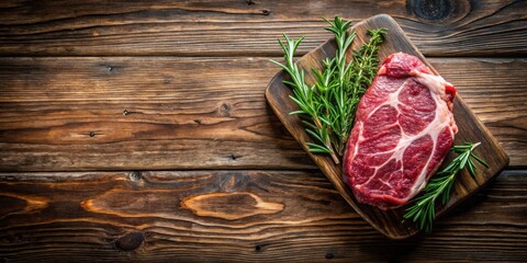 Aufkleber - A succulent cut of raw beef steak rests on a rustic wooden board, adorned with fresh rosemary and thyme sprigs.