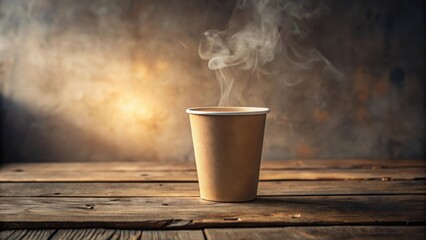 Aufkleber - A steaming cup of hot beverage sits on a rustic wooden table against a blurred background