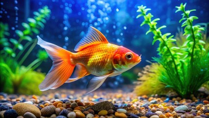 Poster - Vibrant orange goldfish swimming gracefully in a meticulously designed aquarium with colorful gravel and lush aquatic plants