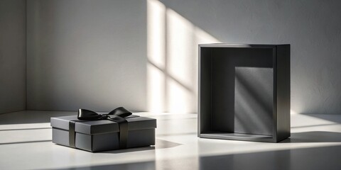 Poster - Elegant dark gray gift box with black ribbon, next to its empty counterpart, bathed in sunlight.