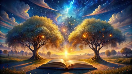 Wall Mural - Enchanted Landscape Open Book Under Twin Glowing Trees at Dawn, Illuminated by Celestial Wonders