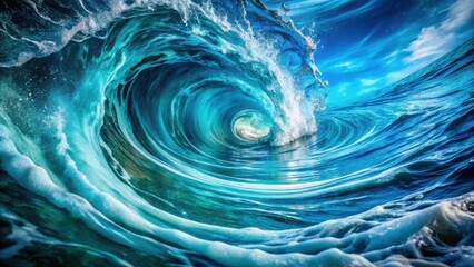 Poster - A mesmerizing ocean wave curls into a breathtaking barrel, showcasing vibrant turquoise and deep blue hues under a dramatic sky