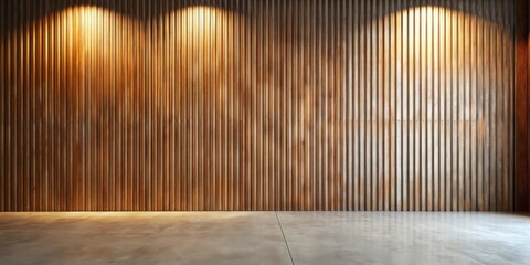 Poster - Striking Modern Interior Design Featuring a Warm, Textured Wood Wall and Polished Concrete Floor, Illuminated by Subtle Spotlights