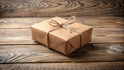 Poster - A rustic brown wrapped gift box tied with twine sits on a weathered wooden surface