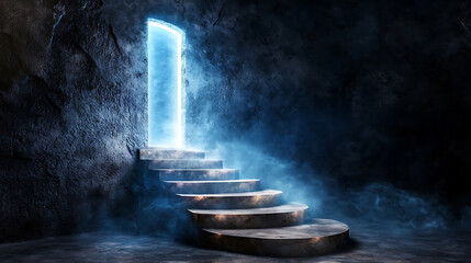 staircase leads to glowing door, creating mystical atmosphere