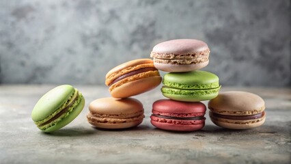 Poster - A delightful assortment of pastel-colored macarons, delicately arranged in a pyramid, showcases their exquisite textures and vibrant hues on a neutral background.