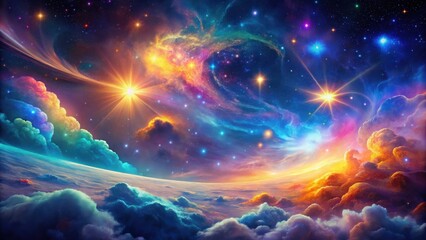 Wall Mural - celestial panorama of vibrant nebulae, radiant stars, and a luminous planet shrouded in colorful clo